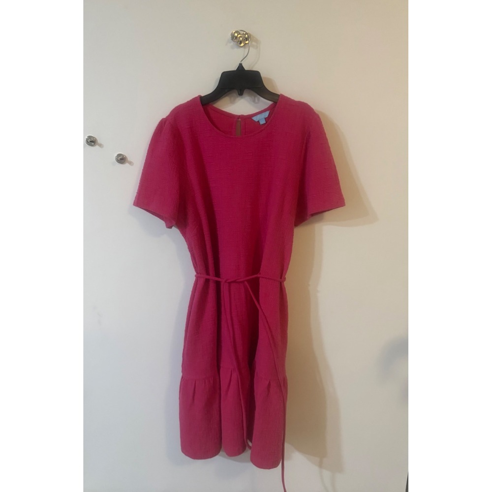 Draper James RSVP Pink Textured Short Sleeve Ruffle Hem Tie Waist Dress Large